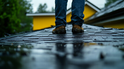 Person Walking on Wet Roof Shingles