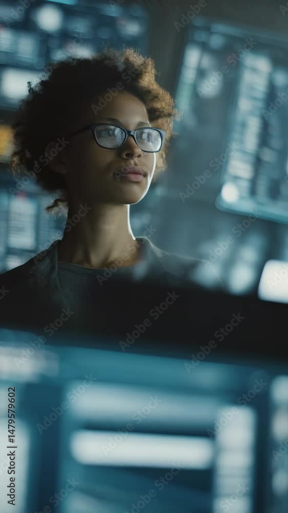 Aufkleber young professional woman analyzing data on multiple computer screens in a high tech futuristic contr