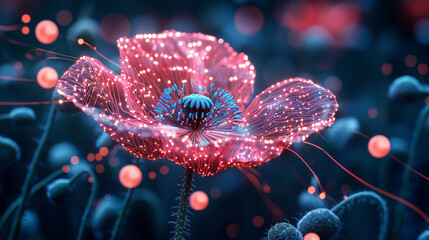 Close up of a digital flower with pink petals and blue center in a dark background setting