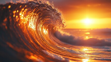 Golden wave crests, sun setting on horizon, creating a glow