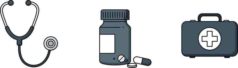 Fototapeta premium Minimalist Medical Icons: Stethoscope, Pills, First Aid Kit