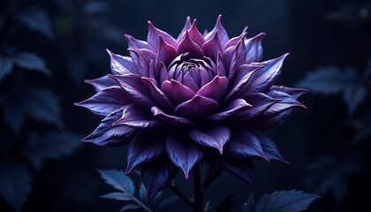 A close up of a dark purple dahlia flower with many petals in a dark and moody background setting