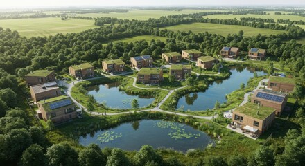 Eco-friendly housing development nestled amongst serene lakes and lush greenery