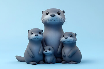 A cheerful family of cartoon otters posing together against a soft blue background, showcasing unity