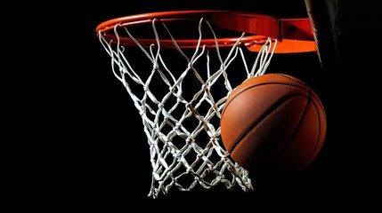 A basketball hoop with a ball going through the net, taken from a low angle