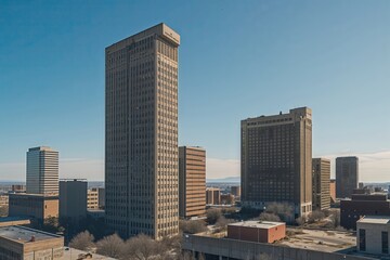 Deserted Skyscrapers in Urban Landscape Under Bright Blue Sky