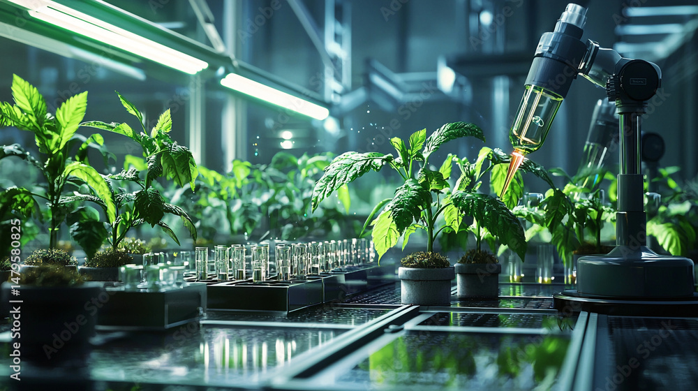 Poster robotic arm applying liquid to plant in a laboratory setting with test tubes and bright lighting