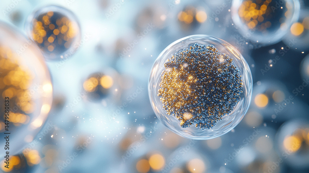 Poster a microscopic view of cells with a blue and gold color scheme and a soft focus background of more ce
