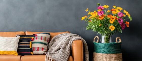 Cozy living room with colorful flower bouquet on a dark wall background, seating area with pillows and blanket