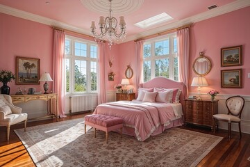 Bright Bedroom with Soft Pink Walls Hardwood Flooring and Elegant Decor Ideas