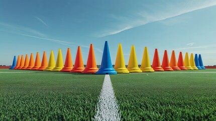 Colorful training cones arranged in a pattern on a sports field during a sunny day