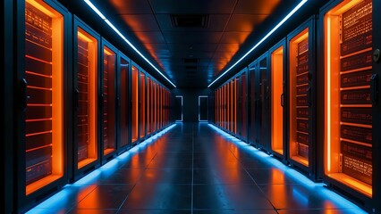 A dimly lit data center aisle, with rows of sleek server cabinets on both sides, is bathed in a mesmerizing glow from the vibrant orange and blue LED lights that line the cabinets, 
