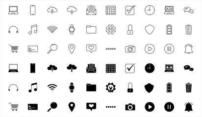 Daily Essentials digital icon set in black and line. Icons contains 60. Suitable for Web Pages, Mobile Apps, Web, Print.