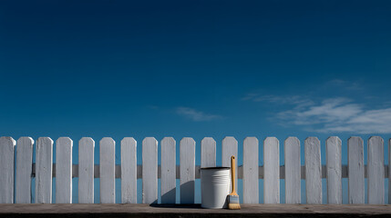 Painting a White Picket Fence Brush Resting Fresh Paint Home Improvement Project DIY Renovation Summer Activity Suburban Living Garden Fence Handcrafting Outdoor Decor
