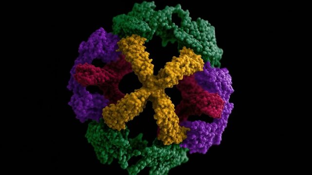 Colorenhanced 3D reconstruction of a viral capsid illustrating the arrangement of protein subunits revealed through advanced cryoEM techniques.