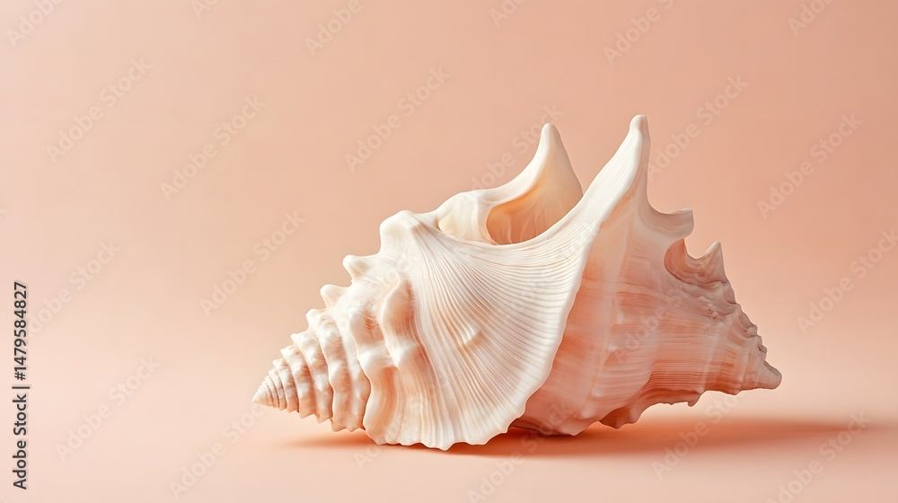 Poster minimal cartoon conch shell on light peach background, simple lines and soft tones