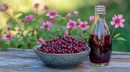 A bowl of wineberries with a bottle of homemade wineberry syrup