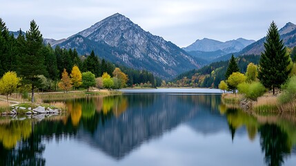 Fototapeta premium Serene Lake Reflection Surrounded by Mountains and Lush Forest in Autumn Colors