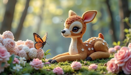 A deer figurine with a butterfly on a flower in a garden with pink roses and green grass around it