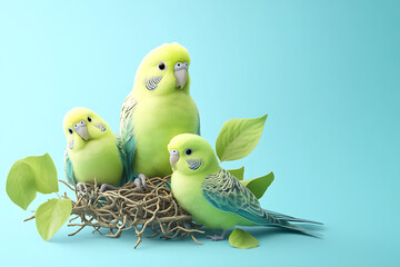 Three vibrant green budgerigars perched in a nest surrounded by leaves against a soft blue background