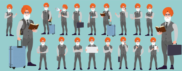 Man Character design. Front, side, back view and explainer animation poses. Character set with lip sync and facial expressions of Happy, angry, sad, Joy with Side walk cycle animation sequence sprite 