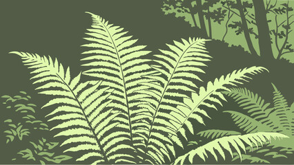 Vector Lush ferns create serene atmosphere in garden, showcasing their vibrant green hues and intricate patterns