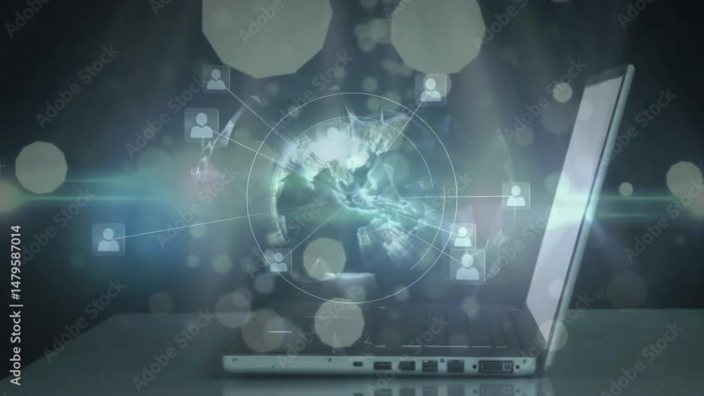 Aufkleber 3d holographic digital globe rotating above laptop keyboard, showing user icons and light bokeh