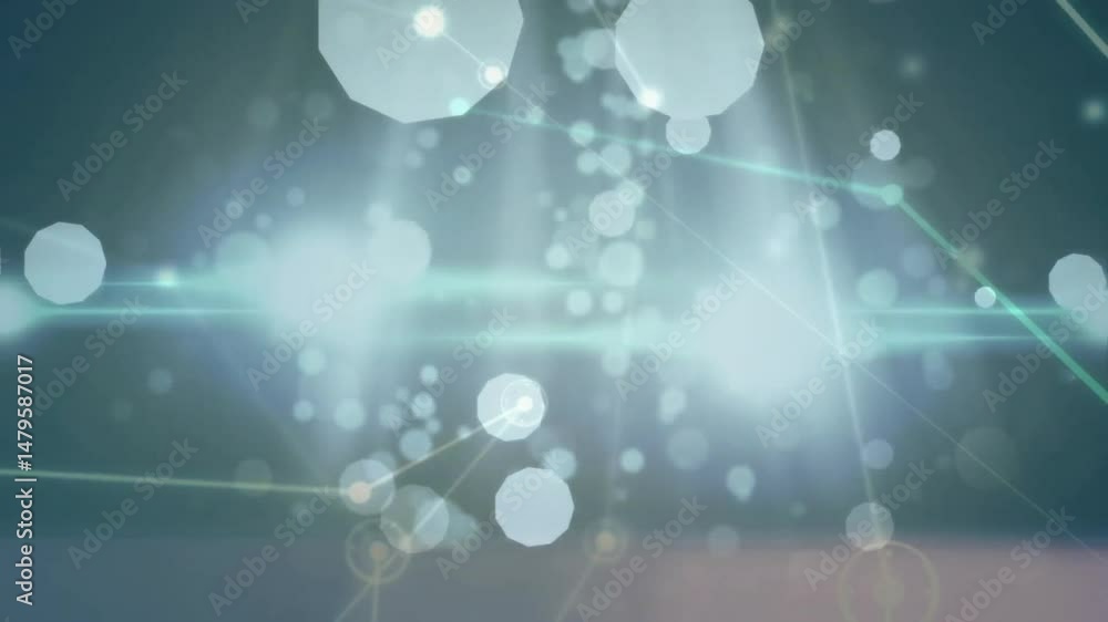 Poster digital network animating in virtual space with glowing bokeh circles, lens flares, nodes and lines