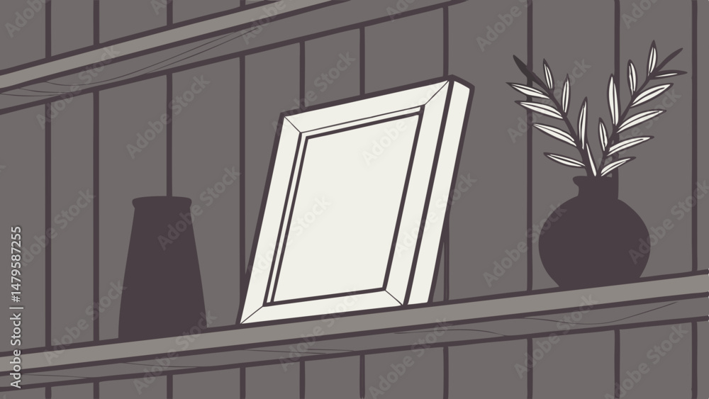 Aufkleber vector close up photo of empty frame on shelf, surrounded by decorative vases and plants, creating m