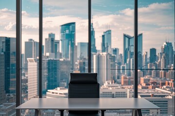 Fototapeta premium Sleek Office Desk with Blurry Urban Background Showcasing Stunning City Skyscrapers
