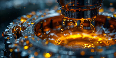Close-up of machine gear with oil lubrication | Industrial gear lubricated with oil	