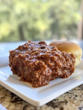 Close up of two sloppy joes on white plate with bun in natural light indoors for lunch or dinner
