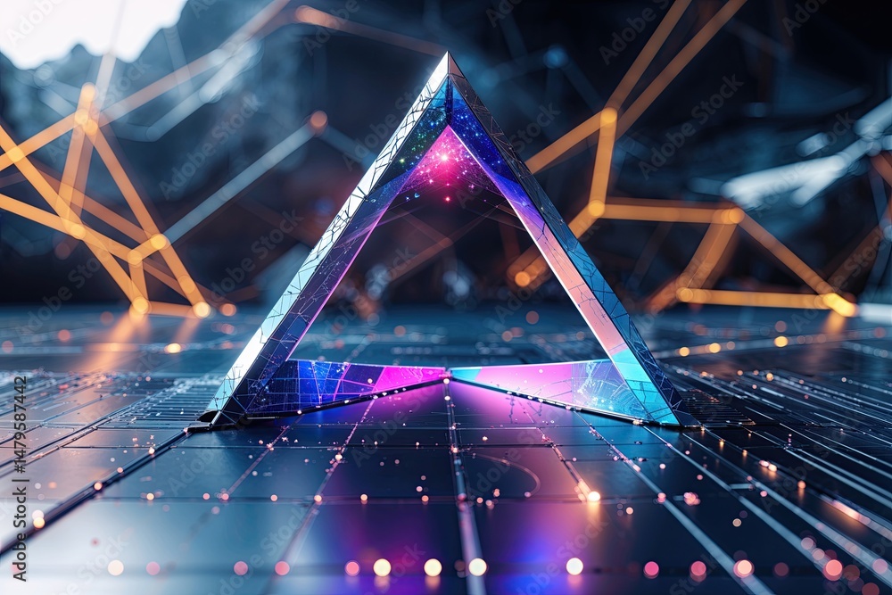 Poster innovative triangular shape featuring advanced technology imagery and colorful abstract design