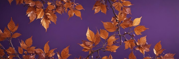Dry orange metallic leaves, violet backdrop  Intricate autumnal design , pattern, rustic, nature