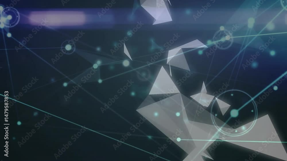 Poster geometric polygons and glowing lines floating on dark field, illustrating circular network nodes