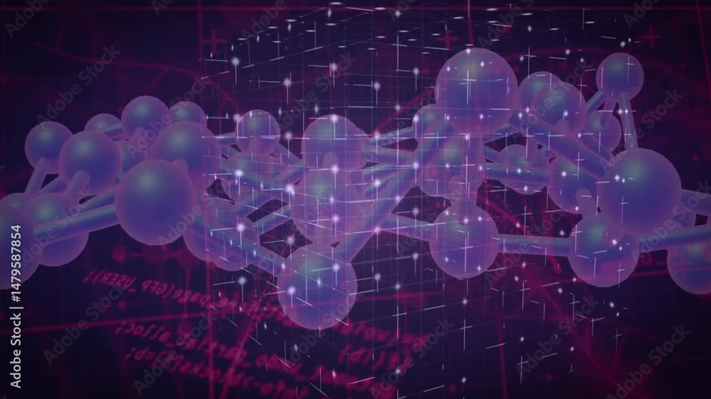 Aufkleber floating molecular chain animating in 3d render, showing shiny spheres, rods, grid code fragments