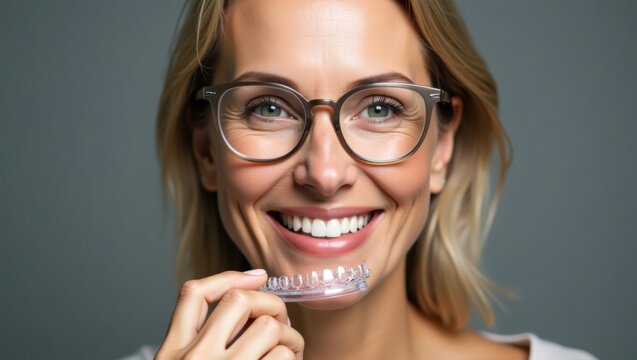 Mujer madura con gafas sonriendo, sosteniendo alineadores transparentes invisibles