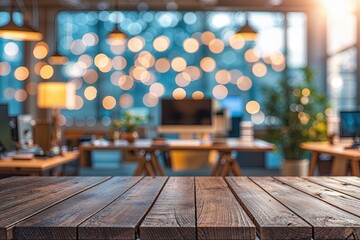 Stylish Wood Tabletop with Soft Bokeh Background in Lively Office Setting for Product Showcase