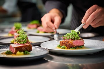 A chef meticulously plating an exquisite fine dining dish, demonstrating precision and artistry