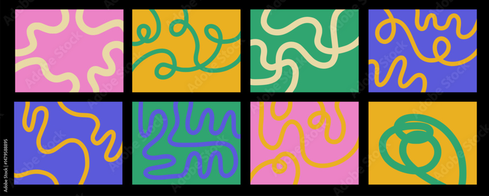Poster set of abstract playful minimalistic background with wavy line. backdrop with organic curvy curly st