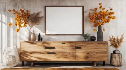 Modern minimalist living room interior with wooden sideboard and decorative vases with flowers