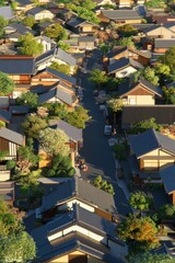 Fototapeta premium Aerial view of traditional Japanese town with houses and trees, serene atmosphere, architectural detail, travel destination, sunny day, scenic landscape