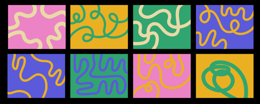 Set of abstract playful minimalistic background with wavy line. Backdrop with organic curvy curly stripe in flat style.