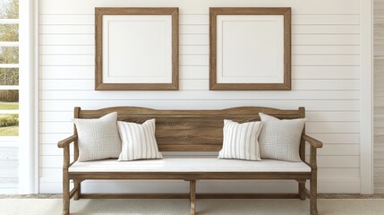 Wooden bench with white and beige cushions against white wall with two empty picture frames
