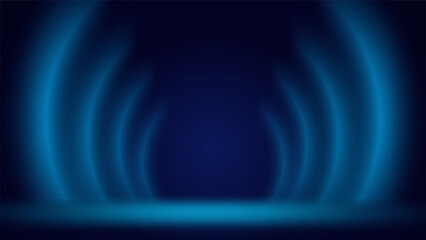 Blue stage background. Minimalist dim interior studio. Backdrop for montage displaying products presentation, advertising. Showcase. Template layout for ad. Circular gradient. Vector