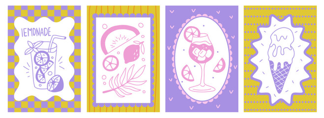 Vintage poster with tropical fruits and cocktail in doodle outline. Hand drawn summer drink and ice-cream with funny frame.