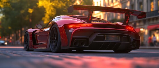 High Speed Red Sports Car Racing on City Street with Dynamic Motion Blur and Sunset Lighting