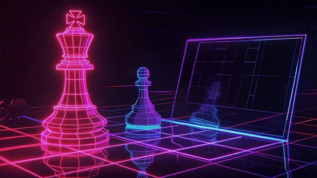A very minimalistic drawing with neon lines, chess pawn and an open laptop, chess board on the screen, Generative AI Videos.