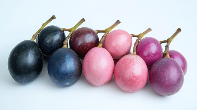 A bunch of karanda fruits in different shades of ripeness, from pale pink to deep purple