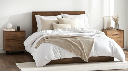 Modern minimalist bedroom with white bedding neutral beige pillows and wooden bedside tables in natural sunlight